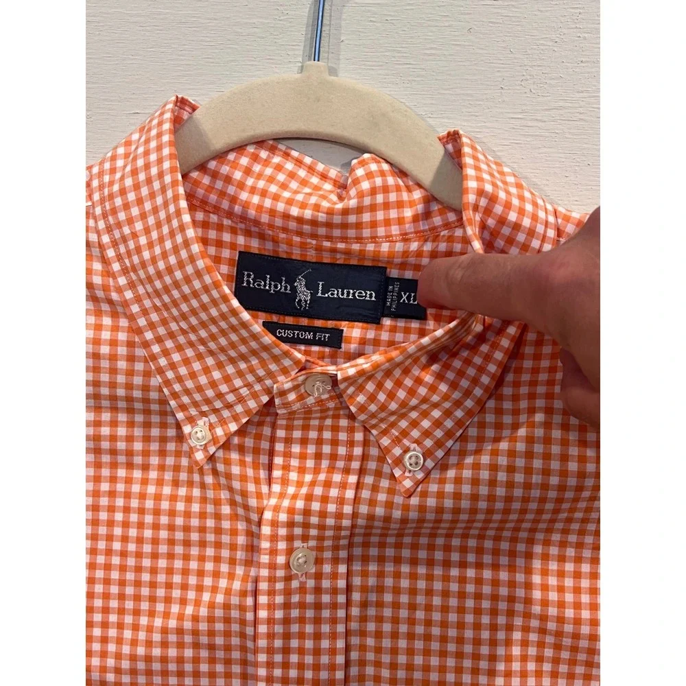 Ralph Lauren Mens Custom Fit Gingham Button Down Orange White XL Long Sleeve